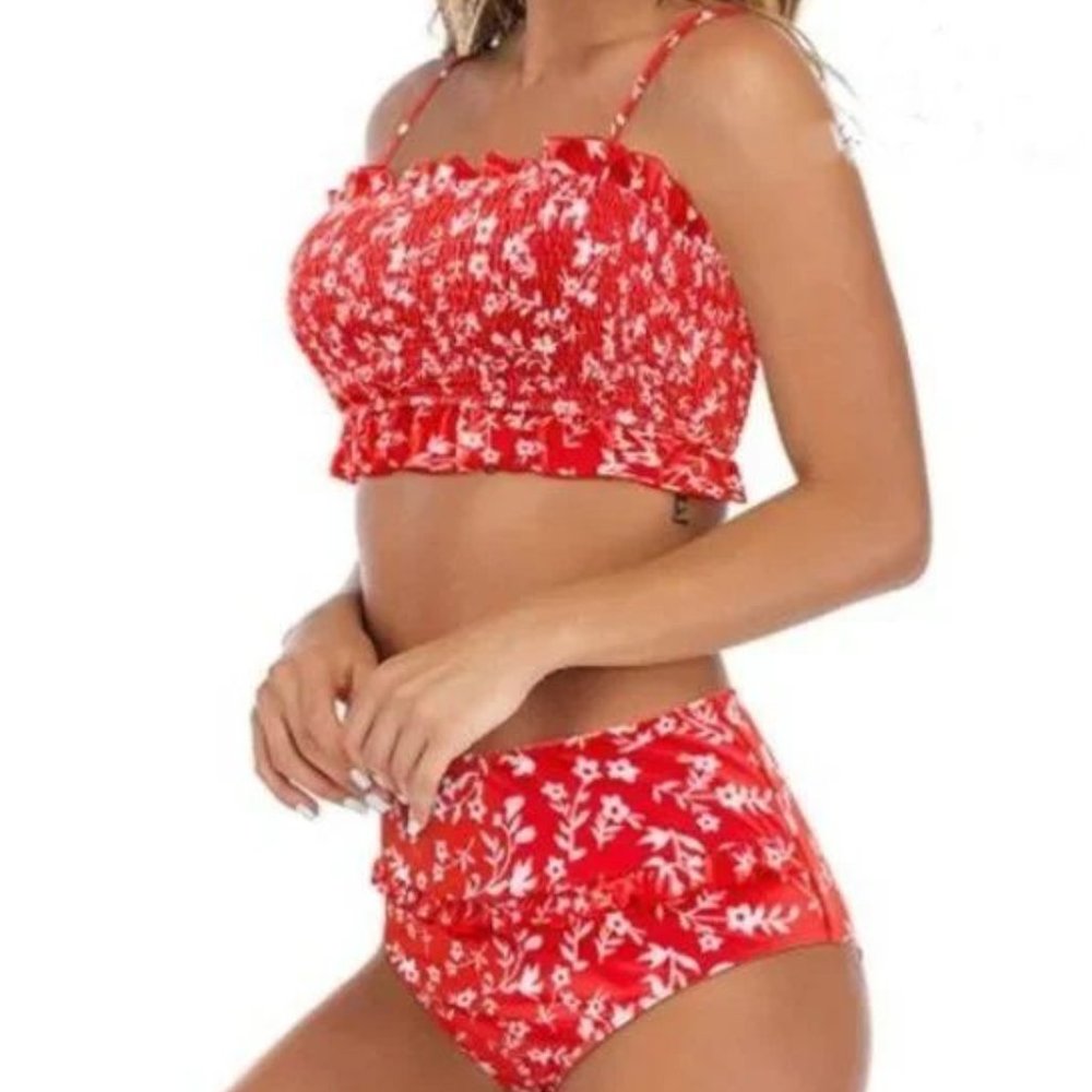 NWT MoosLover red white floral print high waisted bikini set sz medium